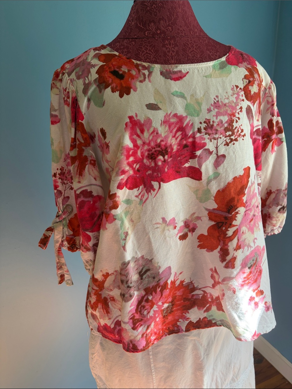 Floral linen/cotton  blouse with sleeve lacing detail